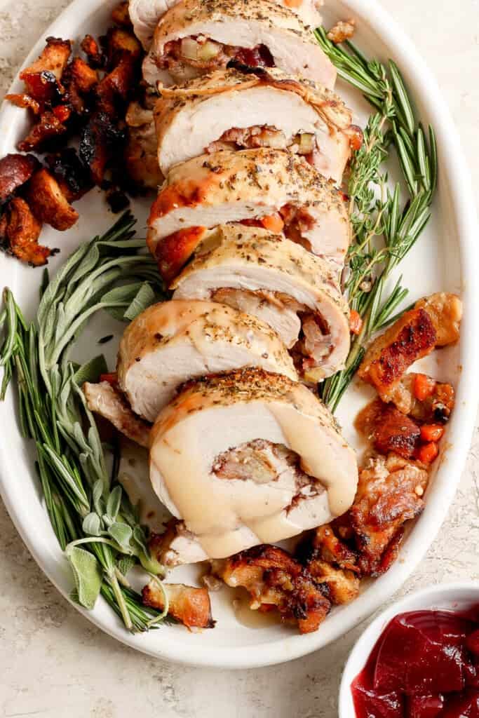 Roasted turkey stuffed with cranberries and sage.