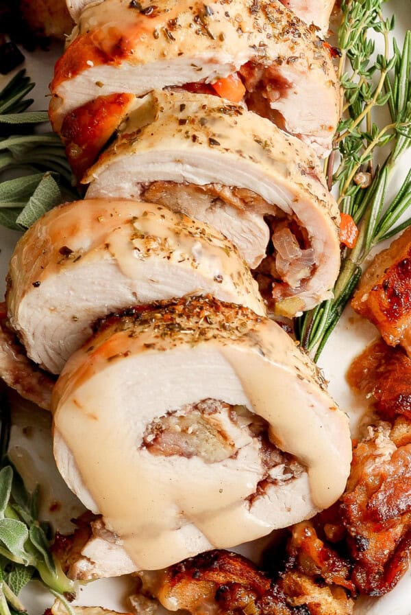 Roasted turkey stuffed with sage and thyme.