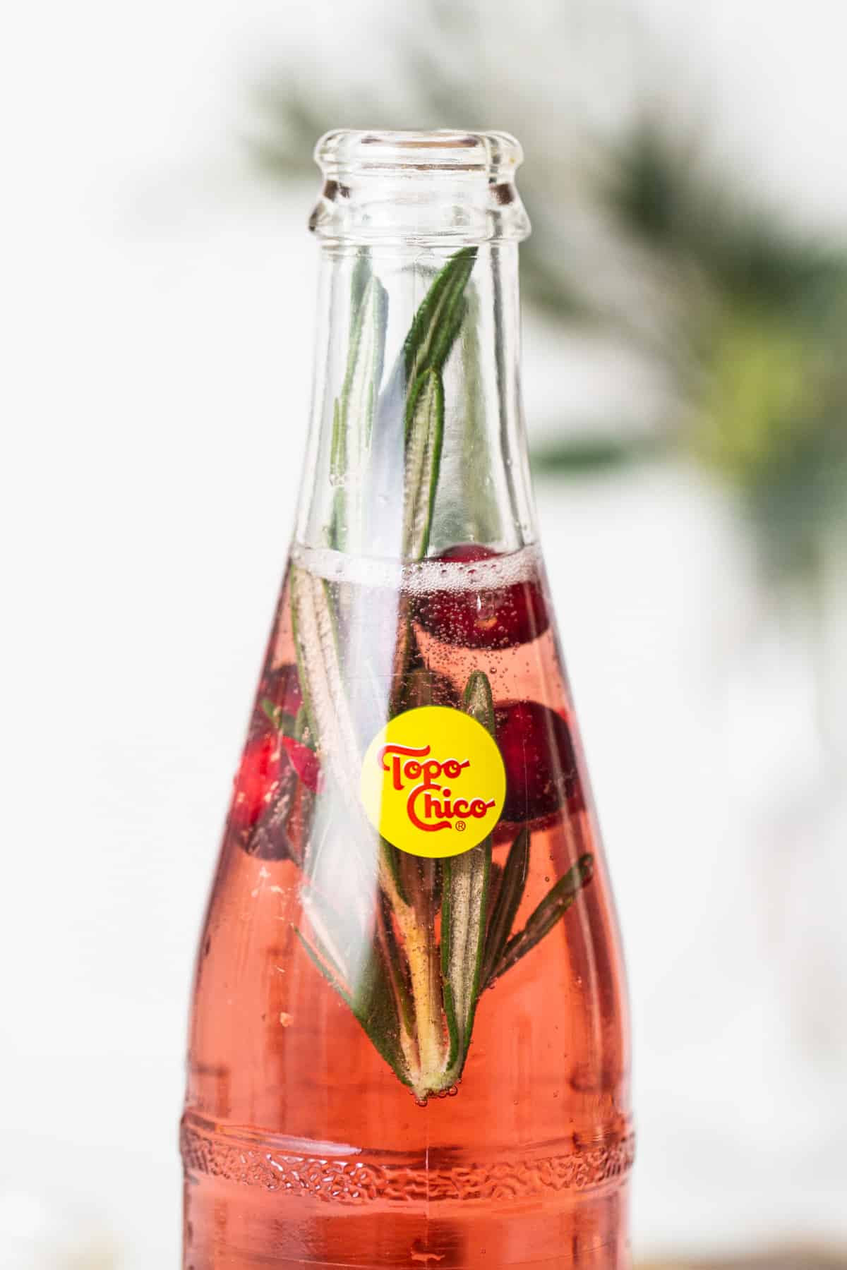 A bottle of soda with cranberry juice and sprigs of rosemary.