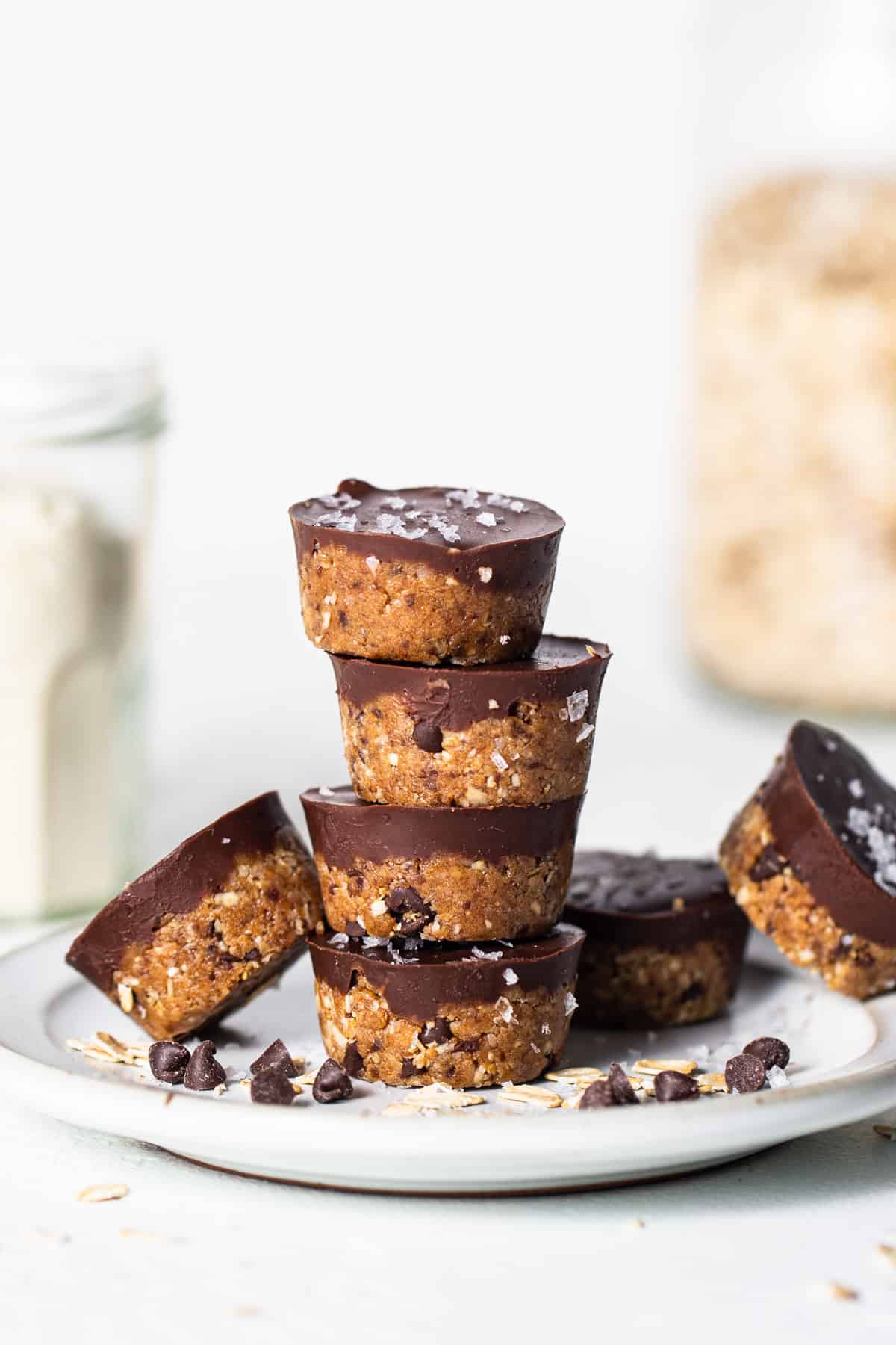 A stack of chocolate oatmeal cups on a plate.