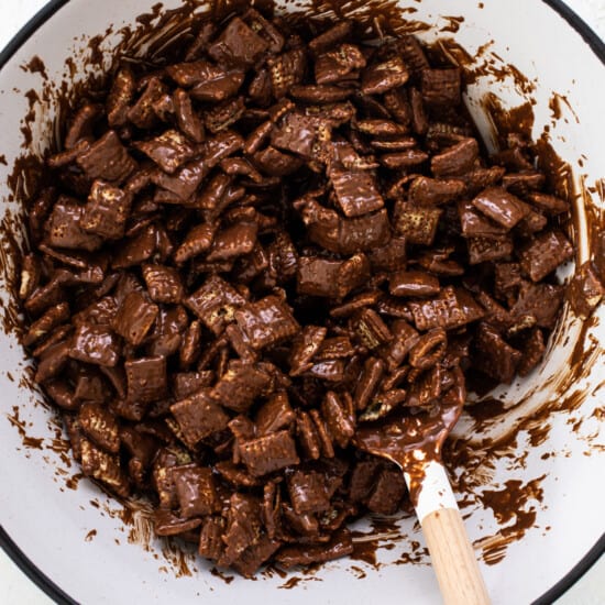 A bowl of chocolate granola with a wooden spoon.