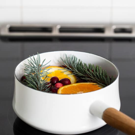 A white pan with oranges and pine needles on top of a stove.