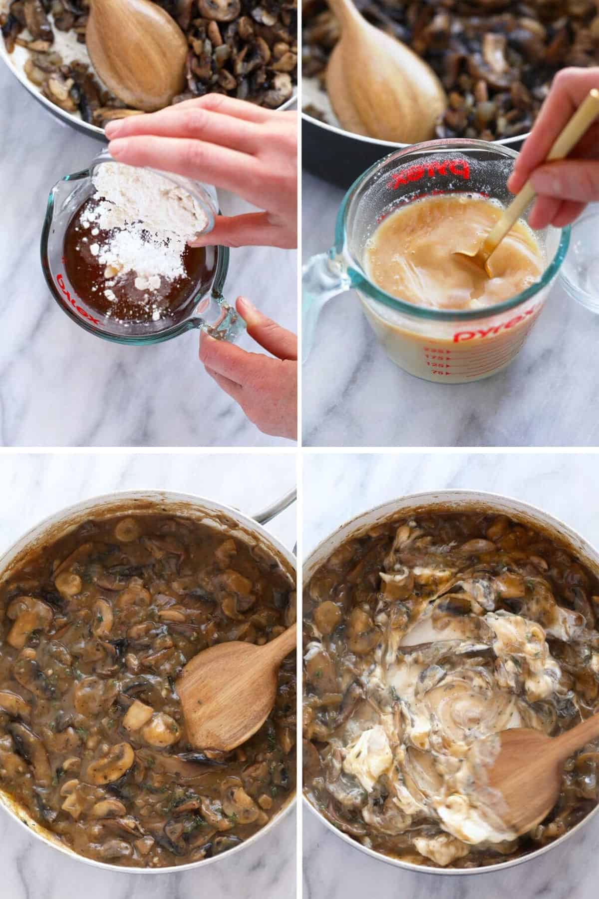 A four-step process of making mushroom sauce: a person adds cornstarch to broth, stirs mixture, and cooks it with mushrooms in a pan, stirring in cream to finalize the sauce.