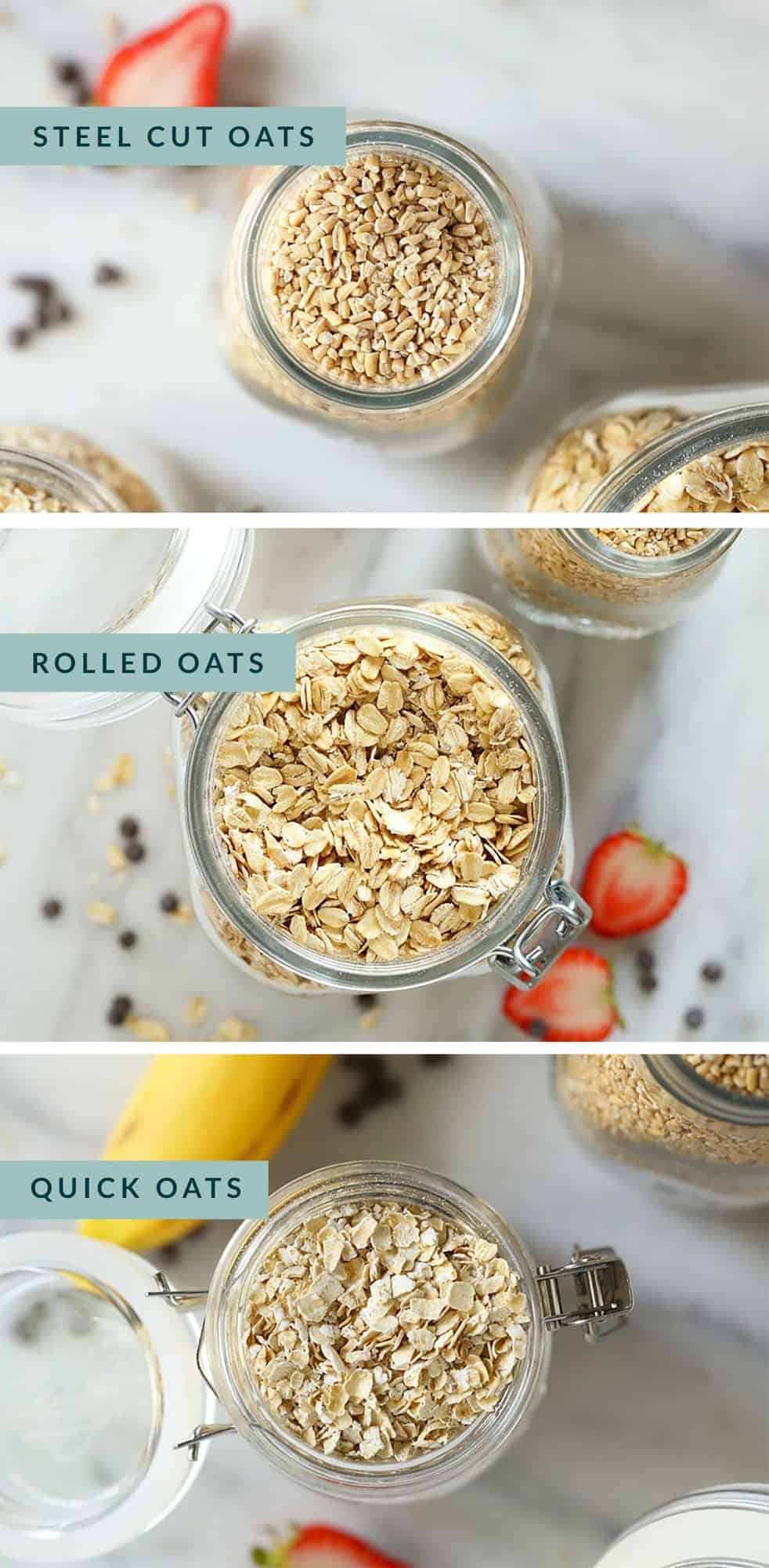 Different types of oatmeal in jars.