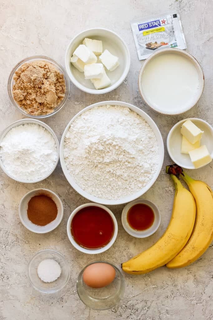 The ingredients for banana bread are shown on a table.