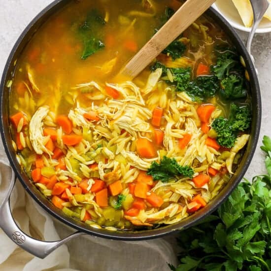 Chicken noodle soup in a pan with carrots and parsley.