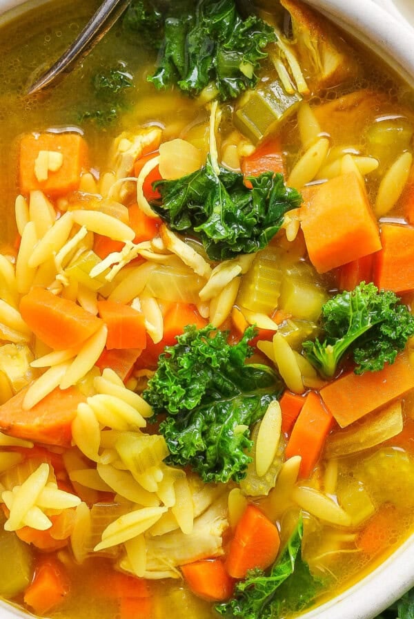 A bowl of chicken noodle soup with carrots and kale.