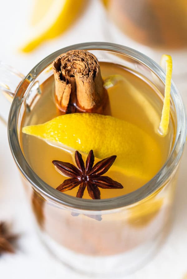 Mulled cider with cinnamon sticks and star anise.