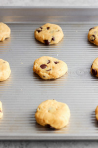 Chocolate chip cookies on a baking sheet.