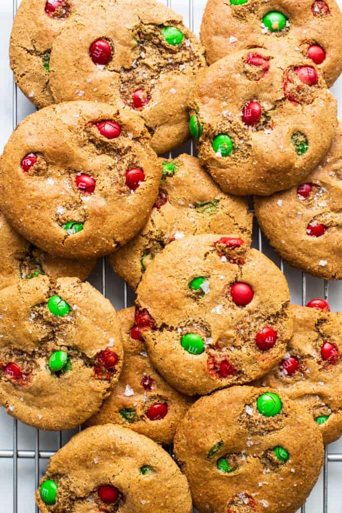 M&m cookies on a cooling rack.