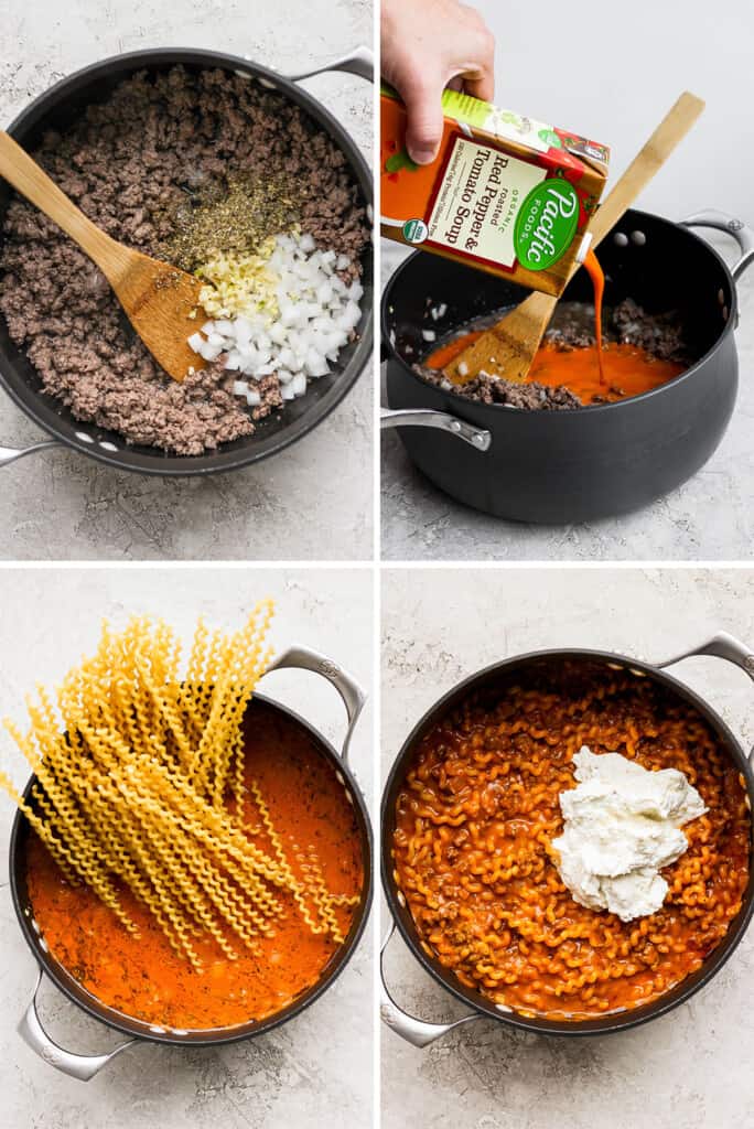 A series of photos showing how to make spaghetti and meat sauce.