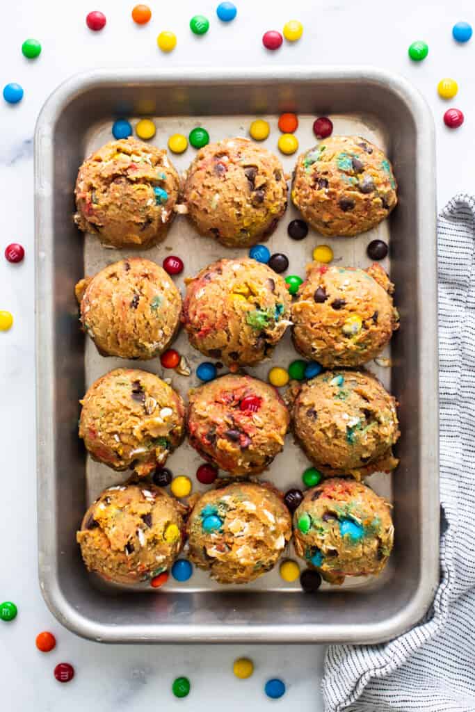 M & m cookies in a baking pan.