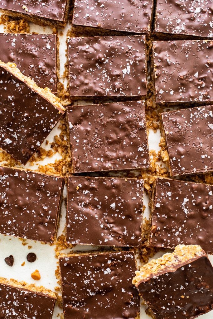 A sheet of chocolate bars on a white plate.