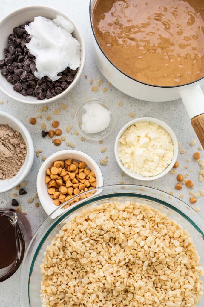 Oats, chocolate chips, peanut butter and other ingredients in bowls on a white background.