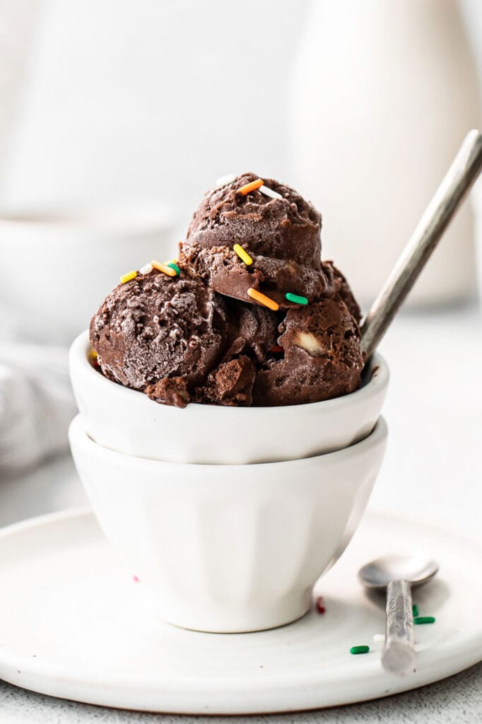 Chocolate ice cream in a white bowl with sprinkles.