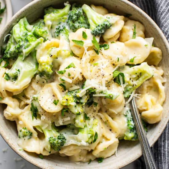 A bowl of pasta with broccoli and parmesan cheese.