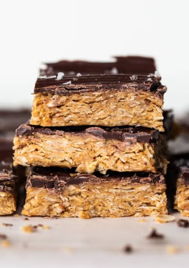 A stack of chocolate oatmeal bars on top of each other.
