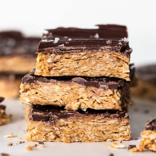 A stack of chocolate peanut butter granola bars.