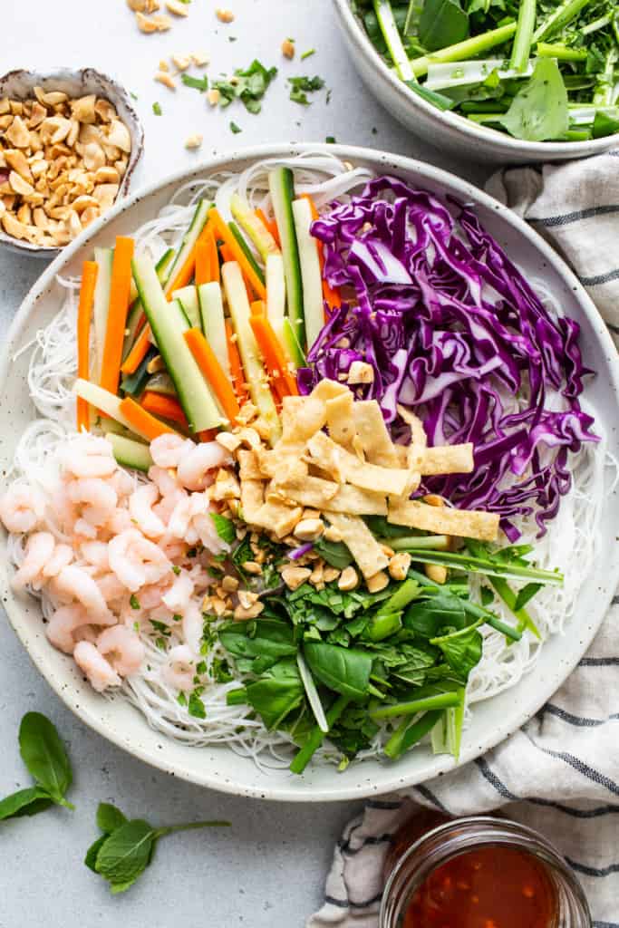 Vietnamese noodle salad with shrimp and vegetables.