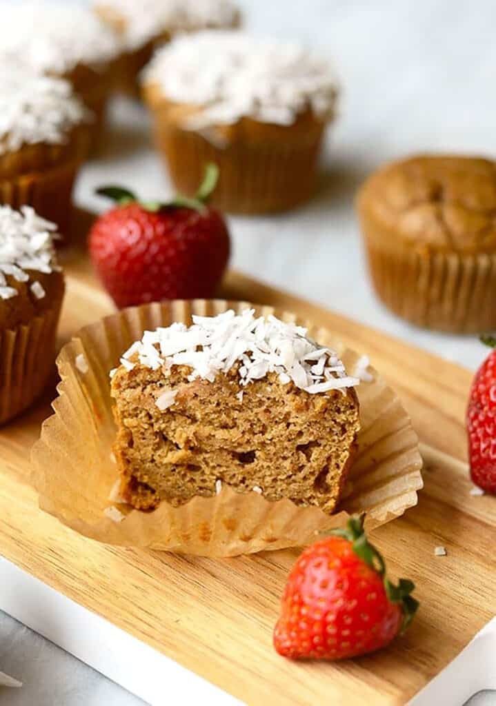 Coconut Blender Muffins with Strawberries on a Cutting Board