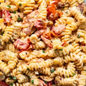 Creamy pasta salad with shrimp and diced vegetables.