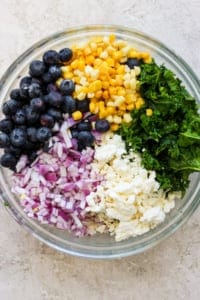 A bowl with a mix of ingredients including blueberries, corn, chopped red onions, kale, and feta cheese for a salad.