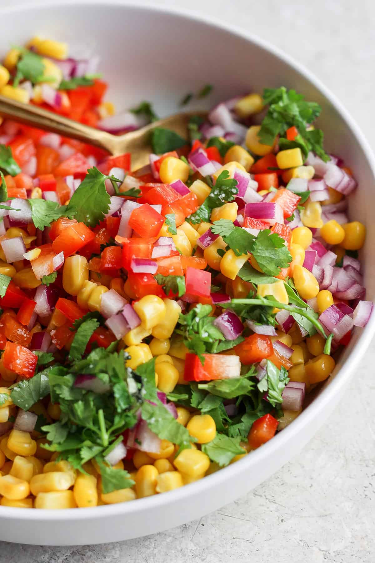 A vibrant bowl of corn salsa with diced red onions, chopped tomatoes, and fresh cilantro.