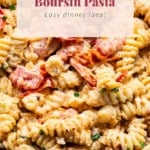 A plate of baked boursin pasta with shrimp and tomatoes, labeled as an easy dinner idea.