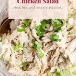 A bowl of honey mustard chicken salad, described as healthy and packed with vegetables.