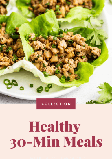 Healthy chicken lettuce wraps on a plate, marketed as part of a collection of healthy 30-minute meals.