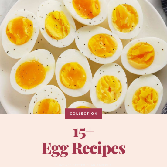 A collection of over 15 healthy egg recipes presented on a plate, suggesting they are superior to takeout options.