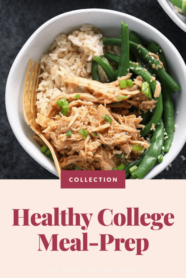 A bowl of rice with shredded chicken and green beans, promoted as one of the healthy recipes for college meal-prep options.