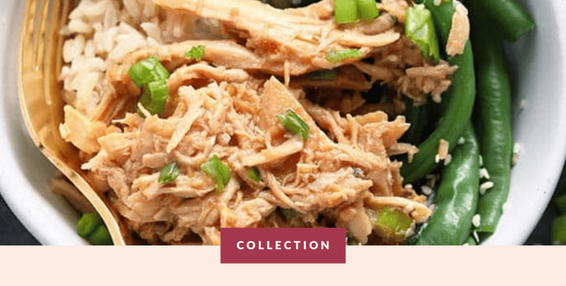 A bowl of rice with shredded chicken and green beans, labeled as "healthy recipes for college meal-prep" options that are better than takeaway.