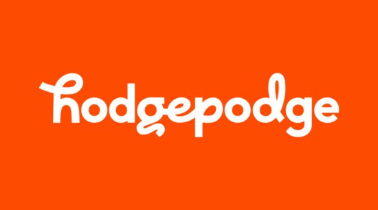 White stylized text spelling "hodgepodge" on a bright orange background.