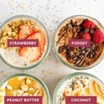 Four jars of blended overnight oats with different toppings are labeled: strawberry, fudgey, peanut butter, and coconut. Text at the top reads "Blended Overnight Oats.