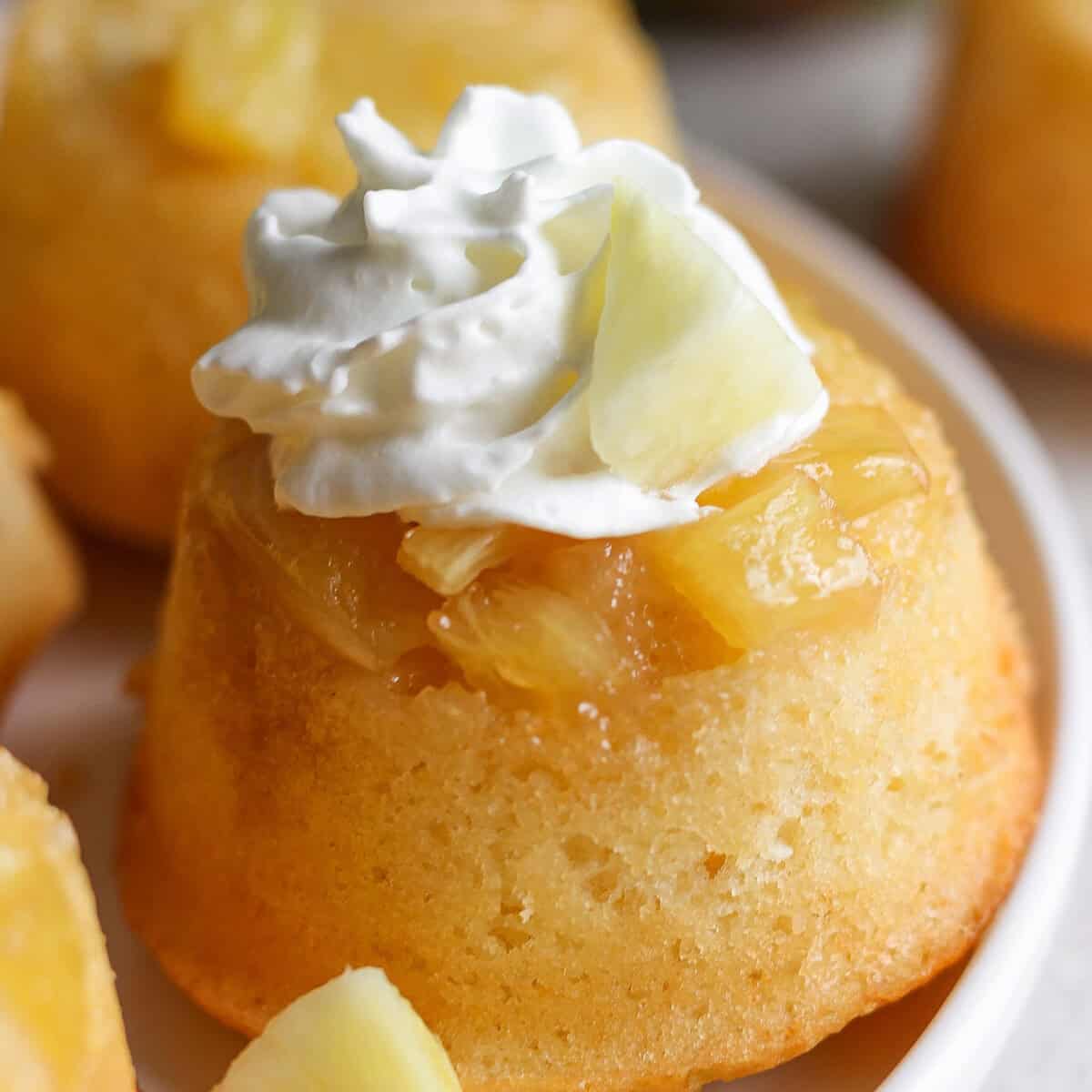 A close-up of a pineapple upside-down cake topped with whipped cream and a pineapple chunk.