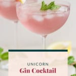 A hand squeezing lemon into a pink unicorn gin cocktail garnished with mint, served in an elegant glass, with text overlay describing the drink.