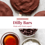 Image shows chocolate-covered homemade Dilly Bars beside bowls of yogurt, chocolate chips, and syrup. The text reads "HOMEMADE Dilly Bars Made with Greek yogurt!.