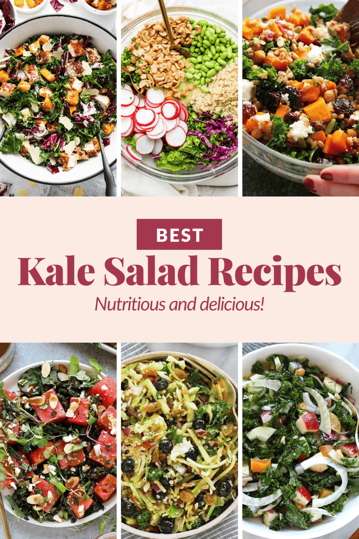 A collage of various kale salad recipes. A banner in the center reads: "Best Kale Salad Recipes. Nutritious and delicious! Discover your new favorite kale salad recipe today!