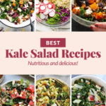 A collage of various kale salad recipes. A banner in the center reads: "Best Kale Salad Recipes. Nutritious and delicious! Discover your new favorite kale salad recipe today!