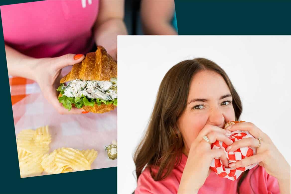 A person holding a croissant sandwich with chips next to another person biting into a wrapped sandwich.
