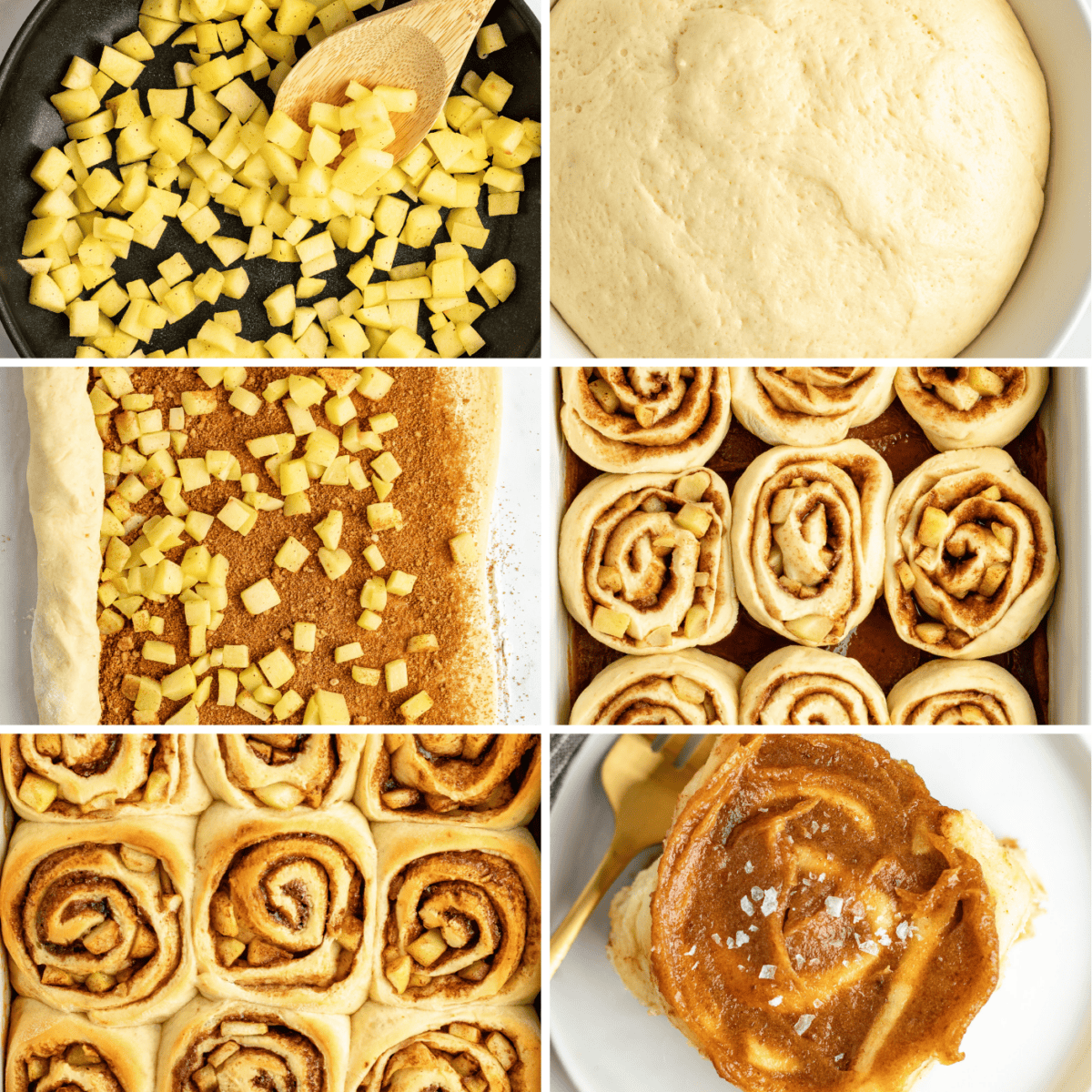 Six-step process of making cinnamon rolls with a diced apple filling, showing stages from mixing dough and filling with apples and cinnamon to rolling, baking, and the final glazed rolls.