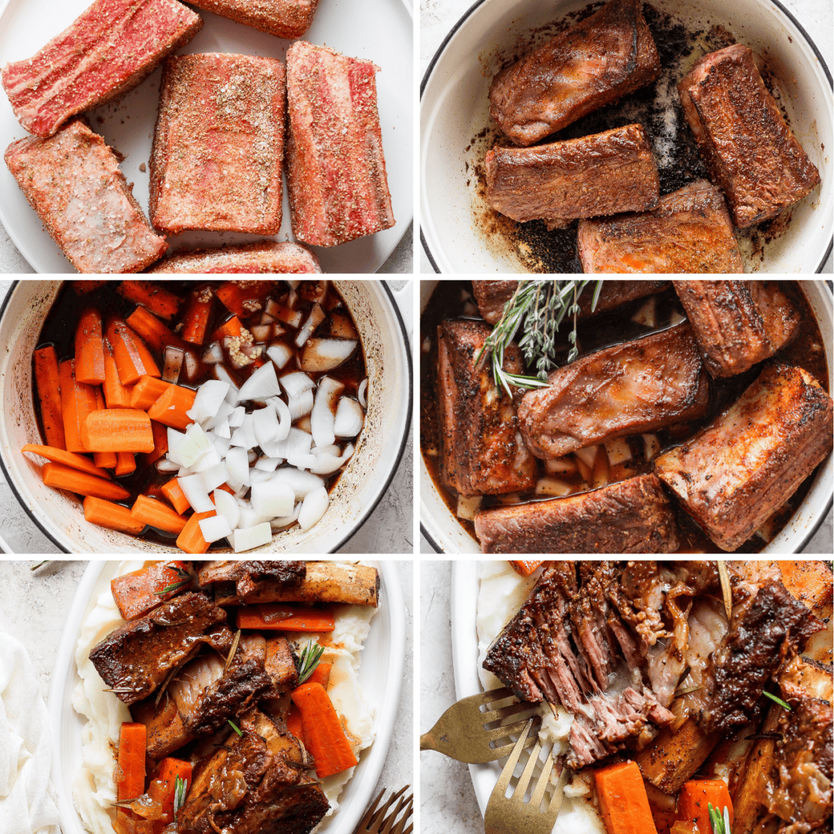 Collage of six steps detailing the preparation and cooking of braised short ribs with carrots and onions, from raw seasoned ribs to the final plated dish.