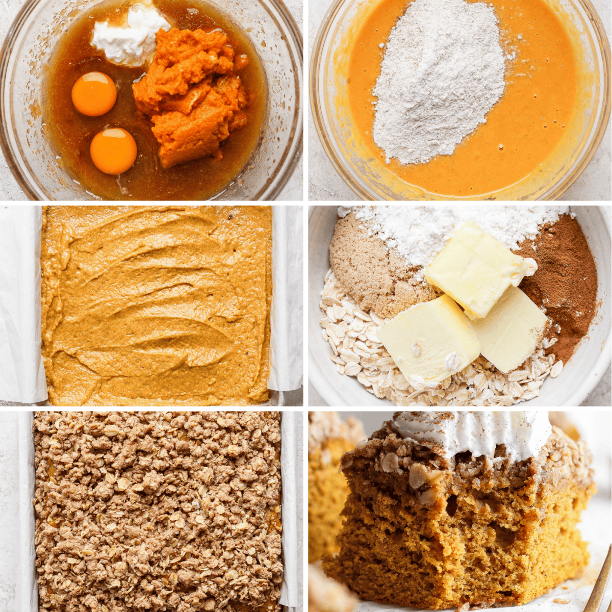 A collage of six images shows the steps of making a pumpkin coffee cake: mixing ingredients, adding flour, spreading batter in a pan, mixing topping, baked cake with crumb topping, and a slice served with whipped cream.