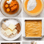 Step-by-step process of making pumpkin coffee cake, from mixing ingredients in bowls, to a batter in a baking pan, and the final baked cake with a crumb topping.