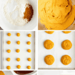 A step-by-step photo collage showing the process of making pumpkin cookies from mixing ingredients, forming dough balls, baking, to the finished cookies with a stack at the end.