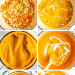 A step-by-step visual guide shows the process of making 20-minute pumpkin soup, including sautéing vegetables, adding broth, blending the soup, and garnishing with cream and herbs.