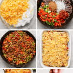 Step-by-step process of making Tex Mex Lasagna: shredded cheese and sour cream, meat and vegetable mixture in a pan, lasagna being layered, and final baked dish with a slice served on a plate.