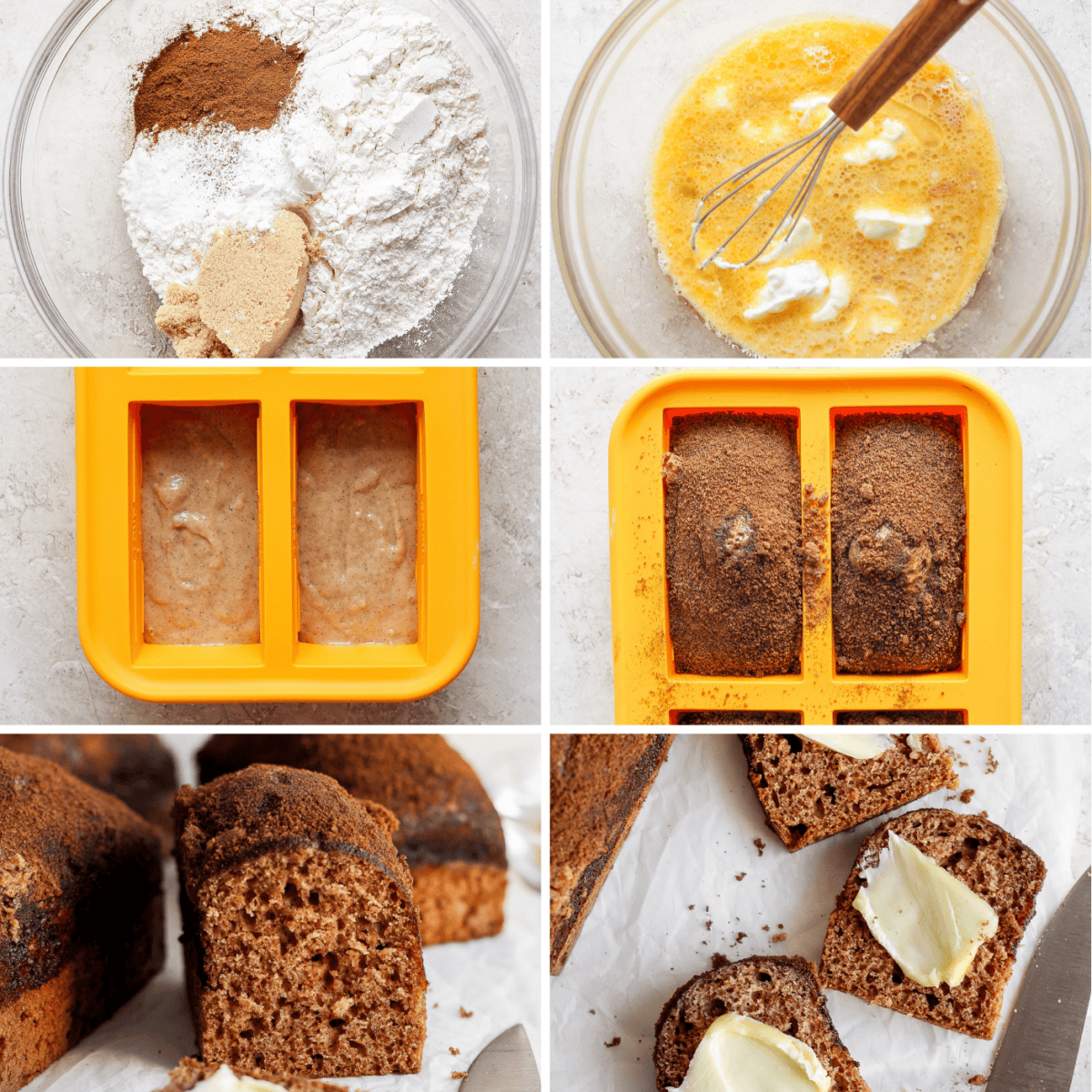 A collage showing the steps for baking banana bread. Images include flour mixture, wet ingredients being whisked, batter in molds, baked bread, sliced bread, and buttered bread slices.