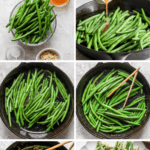 Step-by-step process of preparing a green bean sauté dish, showing washing, cooking in a skillet with sauce and seasonings, adding garnishes, and plating the completed dish.